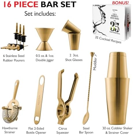 Bar Set Cocktail Shaker Set - Stainless Steel Mixology Bartender Kit, 16PC Cocktail Kit, Gold Cocktail Set, Bar Tools: 30oz Martini Shaker, Muddler, Bar Kit Cocktail Book, Jigger and Pourers
