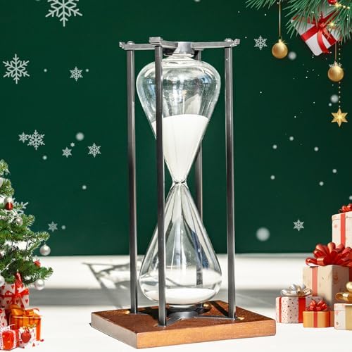 Large Black Iron Craft Hourglass Timer 60 Minutes,Modern Hour Glass Timers Gift for Men & Women, Sand Timer for Kitchen Home Office Desk Deco (White)
