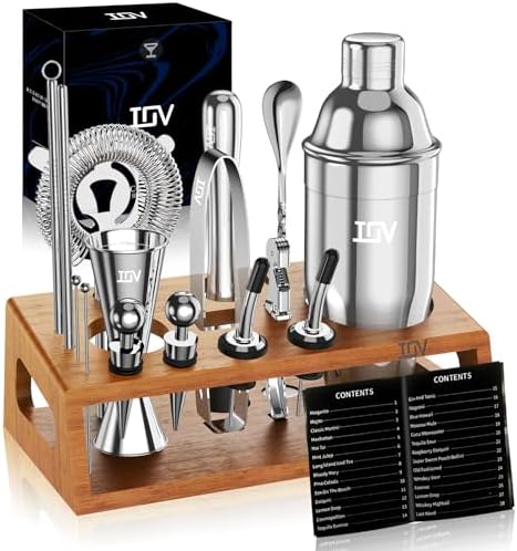 IOV Cocktail Shaker Set Bartender Kit with Stand | Bar Set Drink Mixer Set Includes Martini Shaker, Jigger, Strainer, Mixing Spoon, Muddler, Recipe Book | Home Bar Accessories Gift Set (Silver)