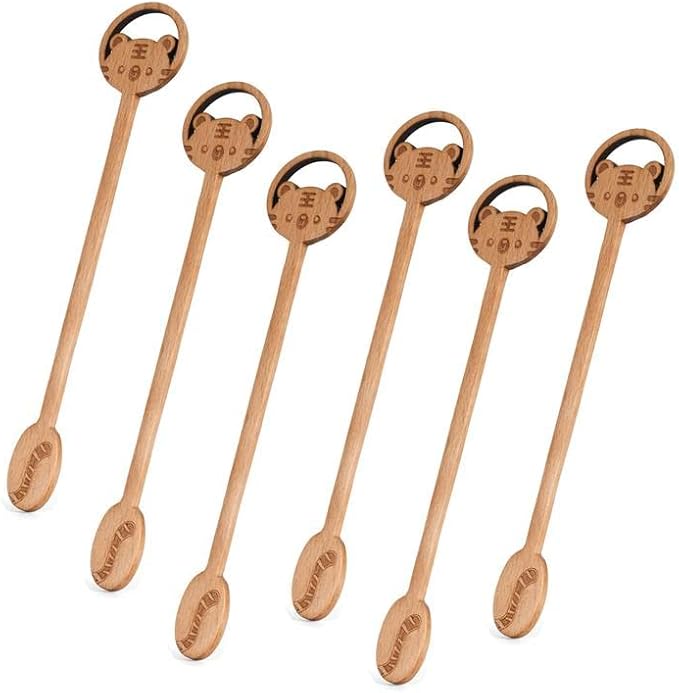6 Pack Wooden Coffee Mixing Spoons Long Handle Wood Iced Tea Spoons Small Stirring Spoon for Mixing Coffee Tea Beverage (Tiger Design)