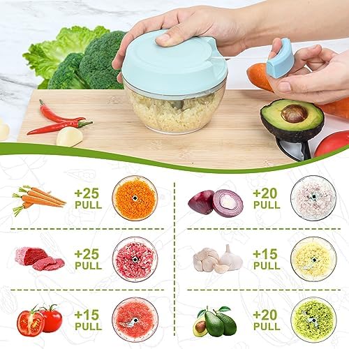 Garlic Mincer Mini Manual Hand Food Chopper with Container Kitchen Onion Vegetable Cutter Veggie Chopper Blue 500ml
