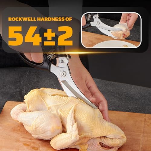 Poultry Shears, Heavy Duty Poultry Scissors & Chicken Shears for Easier Spatchcock, Cutting Chicken Bones, Meat, Turkey, Fish & Herbs. Spring-Loaded, Safety Lock & Dishwasher Safe