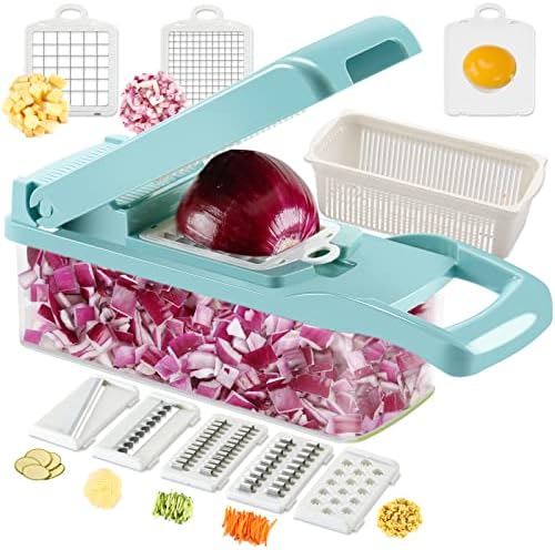 Ourokhome Vegetable Chopper Onion Cutter, 12 in 1 Professional Mandoline Slicer for Kitchen, Multifunctional Food Chopper for Potato, Tomato, Veggie with Strainer Basket, 8 Blades, Blue
