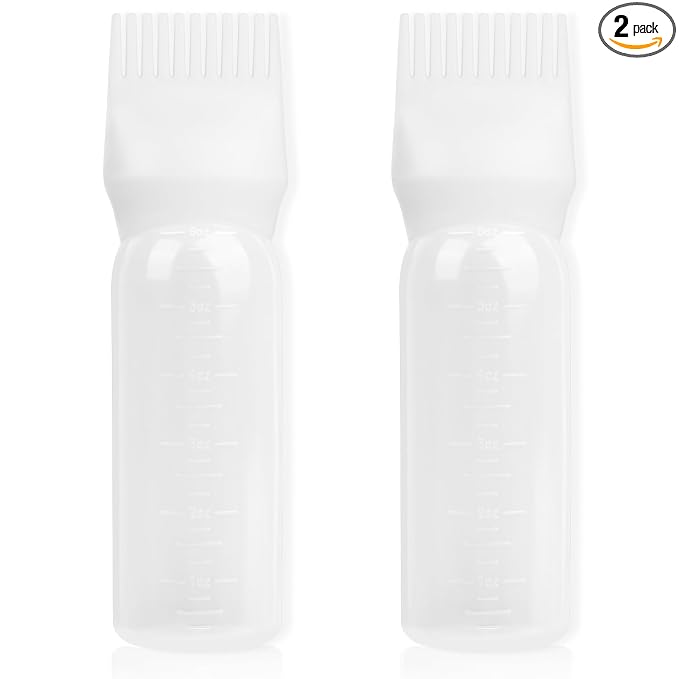 Root Comb Applicator Bottle 6 Ounce, 2 Pack Hair Oil Applicator Hair Dye Bottle Tools with Dispenser Root Comb Brush for Scalp Oil Hair Oiling Applicator - white
