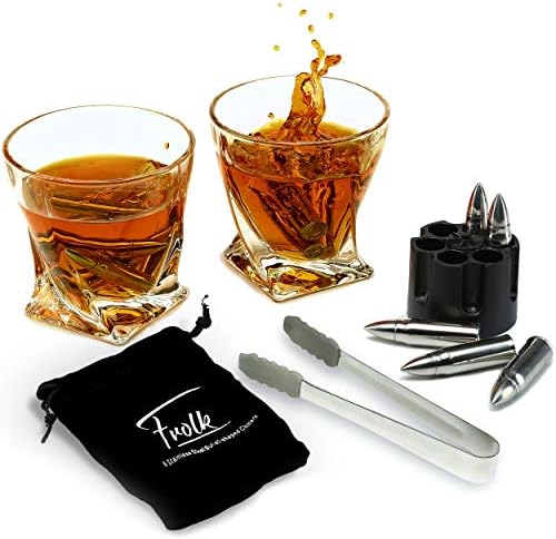 Whiskey Chillers Premium Gift Set By Frolk, Set of 6 Extra Large Stainless Steel Whiskey Stones, 2 Large Twisted Whiskey Glasses (11 oz), Freezer Base, Velvet Pouch & Tongs in Novelty Wooden Box