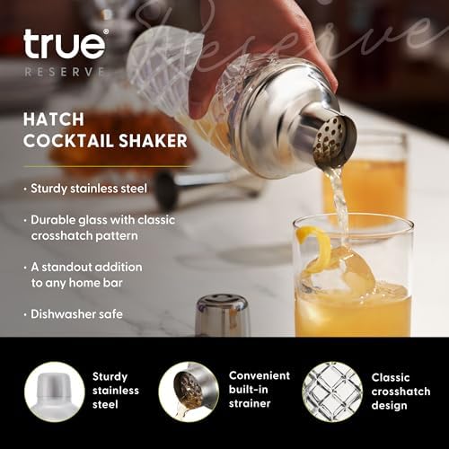 True Reserve Glass Cobbler Shaker, Elegant Cocktail Shaker for Margarita, Whiskey Sour, Espresso Martini, Mixed Drinks, Cold Brew Cocktails, Home Bar Tools, Gifts for Men, 14 oz