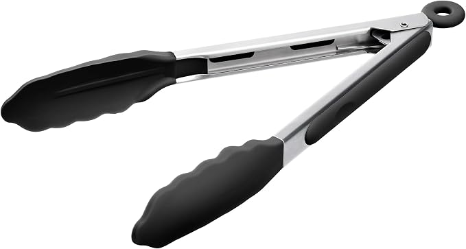 Doosu Kitchen Tongs for Cooking - 600°F Heat Resistant Food Tong with Non-Scratch Silicone Tips, Heavy Duty Stainless Steel Locking Tong for BBQ, Grilling Steak, Serving Salad, Pasta (9in, Black)