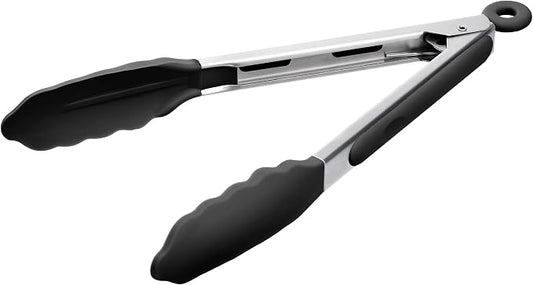 Doosu Kitchen Tongs for Cooking - 600°F Heat Resistant Food Tong with Non-Scratch Silicone Tips, Heavy Duty Stainless Steel Locking Tong for BBQ, Grilling Steak, Serving Salad, Pasta (9in, Black)