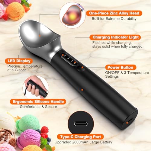 Heated Ice Cream Scoop Rechargeable, Electric Ice Cream Scooper with 3-Temp Settings, LED Display & IPX7 Waterproof, Ergonomic Silicone Handle, House Warming Gifts for Women Men Friend (black)