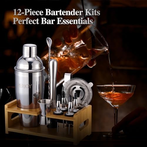 Cocktail Shaker Bartender Kit-12 Piece Cocktail Shaker Set with Stand, Stainless Steel Bar Set Tools Drink Mixer Set with Martini Shaker,Strainer,Jigger,Bar Spoon,Muddler, Gift for Men Dad&Him