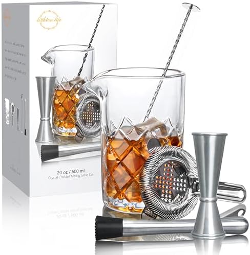 LIGHTEN LIFE Cocktail Mixing Glass Set,Bar Mixing Set with 20oz Crystal Thick Bottom Glass,Spoon, Jigger,Strainer and Muddle,5 Pieces Cocktail Mixing Glass Kits Perfect for Amateurs and Bartenders