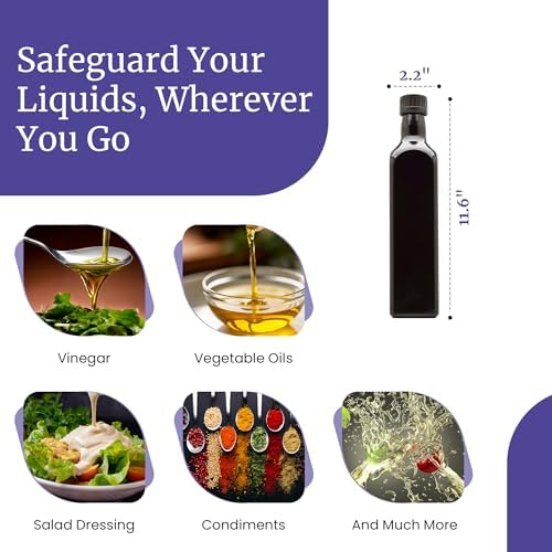 Infinity Jars Black Ultraviolet Square Glass Oil Bottle 500Ml (17 fl oz) with Plastic Pour Spout, Airtight Round Easy Refill Vinegar Cruet Cooking Oil Dispenser Bottle, Olive Oil Bottle for Kitchen