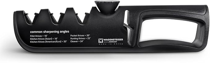 Wagensteiger Handheld Knife & Scissors Sharpener with Adjustable Sharpening Angle Controller, Sharpens Kitchen Knives & Pocket Knife, Non-Slip Bottom Pad (Tungsten + Emery + Ceramic + Scissors Slot)
