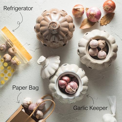 Ceramic Garlic Keeper for Counter, Large Garlic Storage with Lid