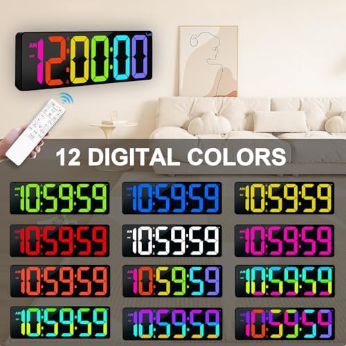 TXL 17.2" Bluetooth Digital Wall Clock with Seconds, Large Countdown Timer for Classroom Home Gym Kitchen Office, Alarm Clock with Remote Control, 4 Dimmable Brightness, Auto DST (RGB)