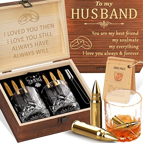 Gifts for Fathers Day Husband Him Men, Reusable Stainless Steel Engraved Whiskey Stones Glasses Set, Anniversary Wedding Gift for Men Husband Boyfriend Fiance, Cool Burbon Scotch Set Gifts
