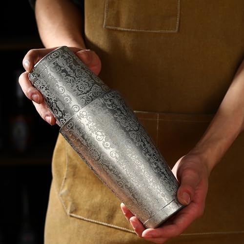 Stainless Steel Boston Shaker with Etched Pattern Weighted Shaking Tin Set (Spirit Vintage)