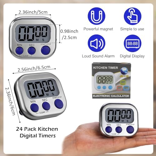 Leumoi 24 Pack Multi-Function Digital Timers with Magnetic Back, Large LCD Display, Loud Alarm, Count up & Countdown, Memory Function for Cooking, Classroom, Study, Exercise & Work(Sliver and Blue)