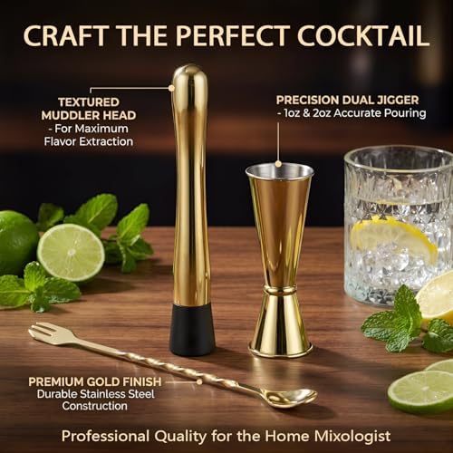 Gold Muddler for Cocktails, 10 Inches Bar Spoon, 1 oz 2 oz Double Jigger- Premium 3 Piece Gold Mixing Tools Set for Drinks