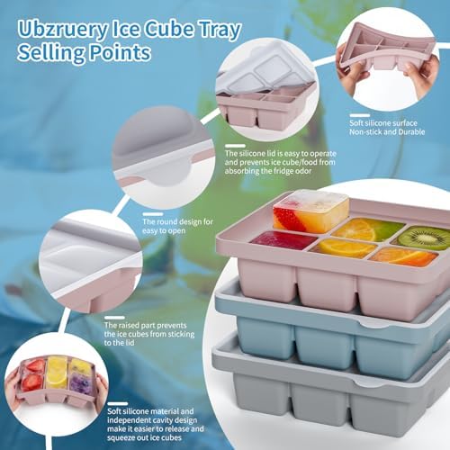 Large Silicone Ice Cube Tray Set of 3, Easy Release 6 Flexible Silicone Ice Cube Molds with Removable Lid, Reusable Freezer Stackable Ice Trays for Whiskey, No Floater, BPA Free