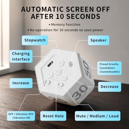 Cube Productivity Timer, 3/5/10/25/30/50 Minute Presets for ADHD