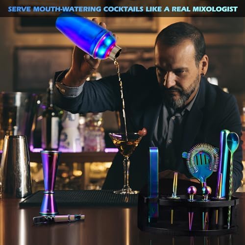 Safring Bartender Kit with Stand, 12-Piece Bar Set | 24oz Cocktail Shaker Set for Drink Mixing, Martini Shaker Set with Bar Tools, Recipes Booklet | Fun Housewarming Gift (Rainbow)