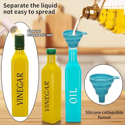 Olive Oil Dispenser Bottle,2 Pcs 17oz 500ml Glass O il and Vinegar Dispenser Set with 2 Stainless Steel Pourers, 8 Labels,Funnel Vinegar Bottles for Kitchen (Turquoise Oil & Yellow Vinegar)