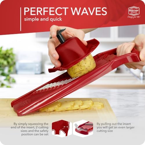 Börner by Reston Lloyd Wave-Waffle Power Line • Crinkle Cut/Spirelli Vegetable Slicer & Food Safety Holder • Slicer for Wave Waffle Cut Style • Multiple Thickness Options • Made in Germany, Red