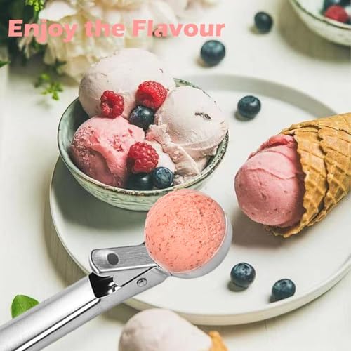 Ice Cream Scoop:7 inches Small Ice Cream Scoopers Stainless Steel with Trigger and Comfortable Handle,Perfect for Frozen Yogurt, Gelatos, Sundaes, Easy Clean Spoon Dishwasher Safe, Silver