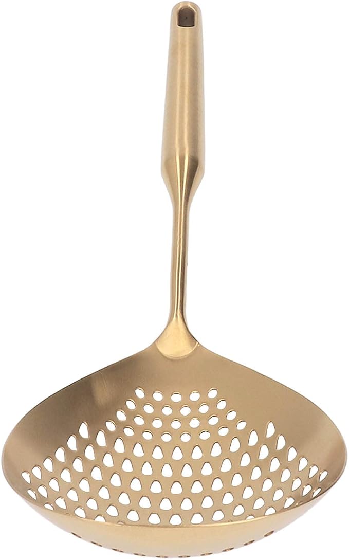 Stainless Steel Strainer Spoon, Long Handle, 15.7 Inches, Gold, for Cooking, Frying, and Filtering