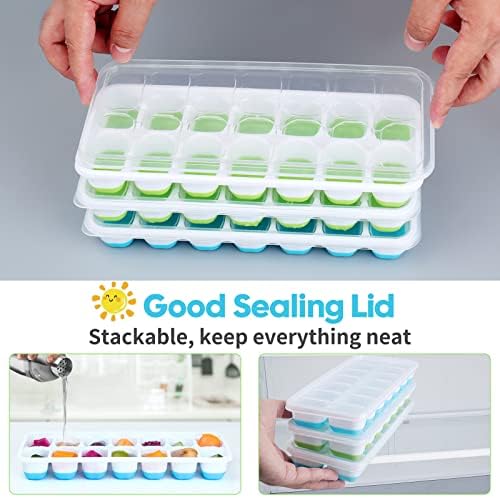 Ice Cube Trays for Freezer, Furnsii 4 Pack Stackable Ice Cube Tray With Lid, Easy-Release Flexible 56-Cube Silicone Ice Trays for Cocktail, Coffee (Green + Blue)