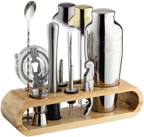Mixology & Craft Cocktail Shaker Set with Bamboo Stand - Professional10-Piece Bartender Kit, Complete Bar Set for Home Use with Jigger, Muddler, Strainer, Spoon, Pourers & Corkscrew (Silver)