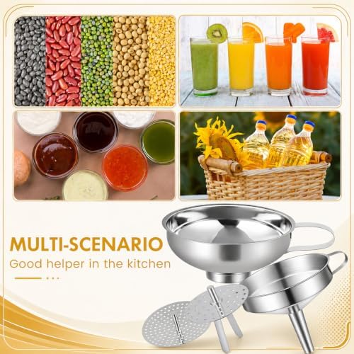 2 Sets Kitchen Stainless Steel Funnel Set Filter Funnel Wide Mouth and Narrow Mouth Each with Removable Fine Mesh Strainer Food Grade Cooking Kitchen with Handles for Liquids Jars Bottles