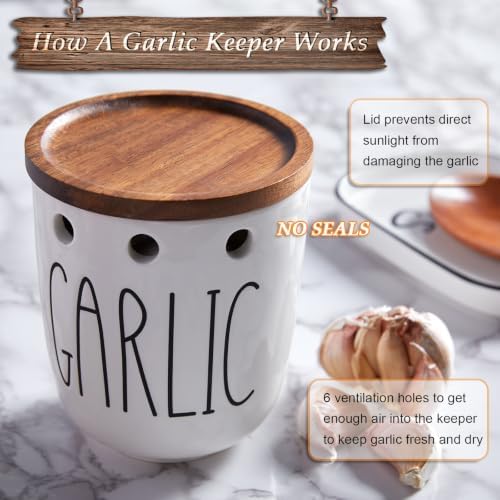 DAYYET Garlic Keeper for Counter, Ceramic Garlic Keeper with Non-Sealed Acacia Wood Lid, Garlic Holder Storage Container to Keep Your Garlic Cloves Fresh Longer, Garlic Saver for Kitchen, White