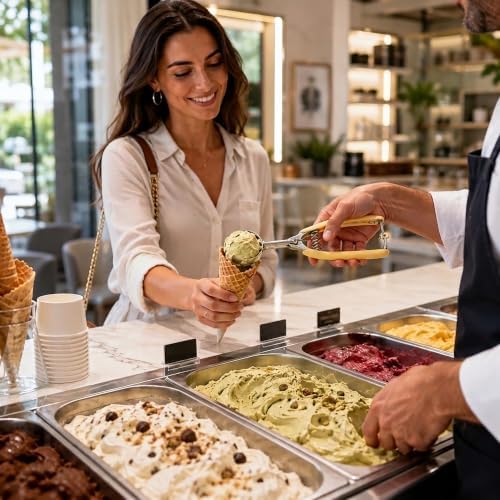 Restaurantware Comfy Grip 2 Ounce Ice Cream Scooper 1 Spring-Loaded Melon Ball Scoop - #20 Built-In Blade Yellow Stainless Steel Cookie Baller Dishwasher-Safe Heavy-Duty
