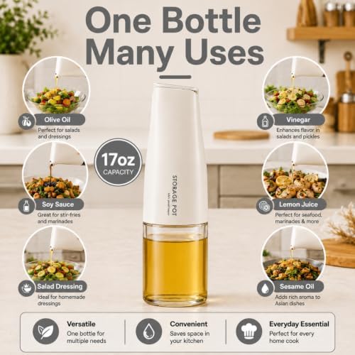 DIYORA 17oz Oil Dispenser Bottle with Automatic Flip Lid, Leakproof Glass Olive Oil Bottle with Spout, Perfect for Kitchen, Drip-Free Pourer for Vinegar, Soy Sauce(White)