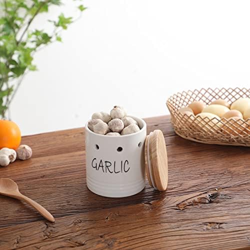 Ceramic Garlic Keeper with Wood Lid, Garlic Container for Counter Easy to Clean,Garlic Saver to Keep Your Garlic Cloves Fresh Longer,Farmhouse Garlic Holder Storage Container, 4.5 inch (White)