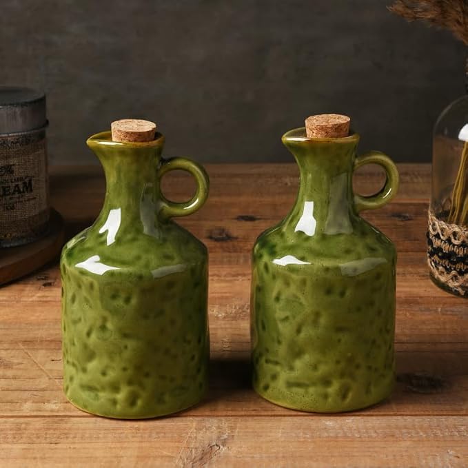13.5oz Olive Green Ceramic Olive Oil Dispenser with Cork Stopper | , Reactive Glaze Bottle, Leak-Proof Small Spout, Ideal for Kitchen Storage of Vinegar, Wine, Soy Sauce and Lemon Juice