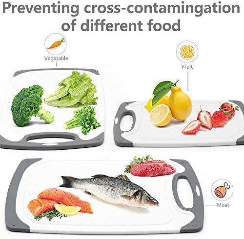 Cutting Boards for Kitchen, Plastic Chopping Board Set of 4 with Non-Slip Feet and Deep Drip Juice Groove, Easy Grip Handle, Dishwasher Safe, gray