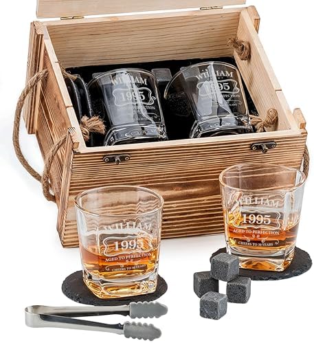 Custom Birthday Name Year Whiskey Glass Set, 2 Glasses, Wood Crate