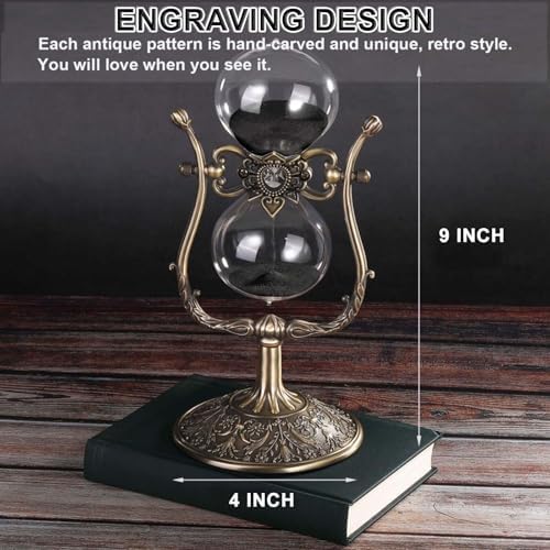 Vintage Engraving 60 Minute Hourglass, Rotating Sand Timer Clock, Unique Metal Sand Watch 60 Min, Antique Brass 1 Hour Glass Sandglass for Home, Desk, Office(Black)
