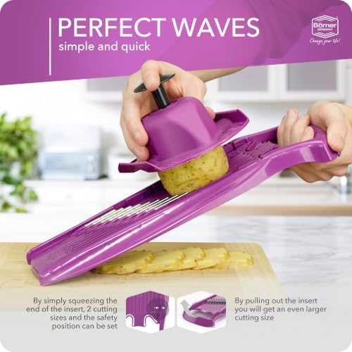 Börner by Reston Lloyd Wave-Waffle Power Line • Crinkle Cut/Spirelli Vegetable Slicer & Food Safety Holder • Slicer for Wave Waffle Cut Style • Multiple Thickness Options • Made in Germany, Purple