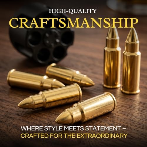 Whiskey Stones Bullets Stainless Steel with Wooden Gift Box - 1.75in Bullet Chillers Set of 6 Inside Realistic Revolver - Made with Premium Stainless Steel, Large Whiskey Chillers Rocks (Gold)