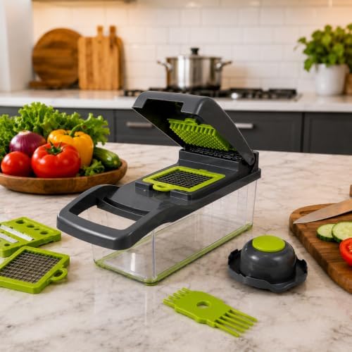 15-in-1 Vegetable Chopper and Mandoline Slicer, Onion Dicer with 8 Interchangeable Stainless Steel Blades, Food Container, Drain Basket, Safety Holder and Cleaning Tool for Fruits and Vegetables