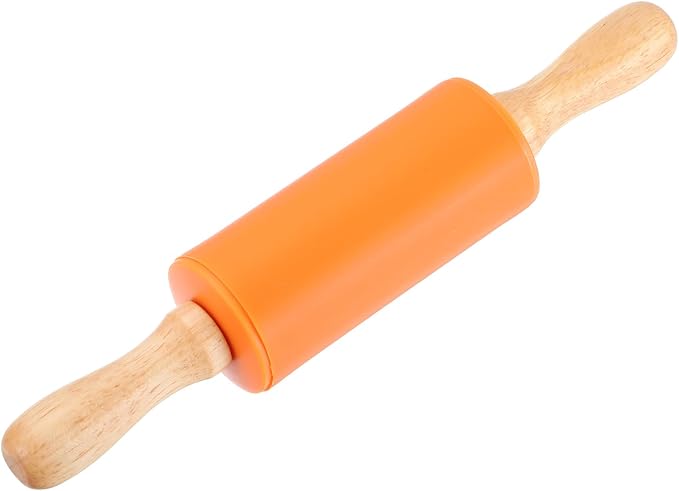 uxcell Rolling Pins for Baking, 9 Inch Silicone Non-Stick Rolling Pin Baking Roller Wooden Handle for Home Kitchen Dough Cookies Pastry, Orange
