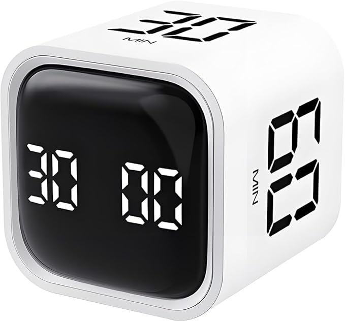 Qumox Pomodoro Timer, Cube Productivity Timer with Adjustable Sound and Vibration Alert, Ideal for Work, Office, ADHD, Study, and Tasks - 5/10/30/60 Minutes & Custom Countdown - White