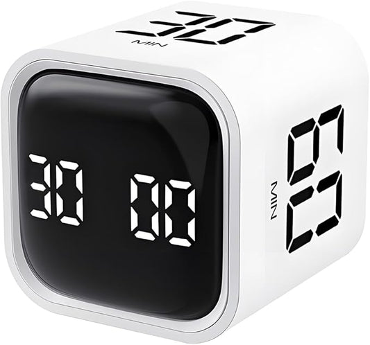 Qumox Pomodoro Timer, Cube Productivity Timer with Adjustable Sound and Vibration Alert, Ideal for Work, Office, ADHD, Study, and Tasks - 5/10/30/60 Minutes & Custom Countdown - White