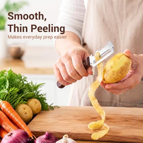 Multifunctional Vegetable Peeler Julienne for Kitchen: Elite and Shredder Gadgets 3-in-1 Stainless Steel Bottle Opener Tool with Wood Handles for Cabbage Carrots Potato Cucumber Veggie(2)