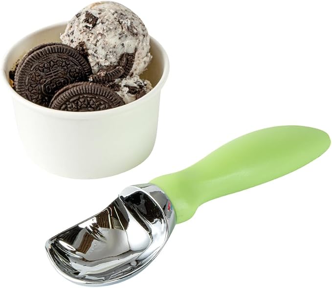 Restaurantware Comfy Grip 7.9 x 2 Inch Kitchen Ice Cream Scoop 1 Heavy-Duty Ice Cream Disher - Ergonomic PP Handle Dishwashable Green Metal Ice Cream Spade With Lid Opener Notch Multi-Use