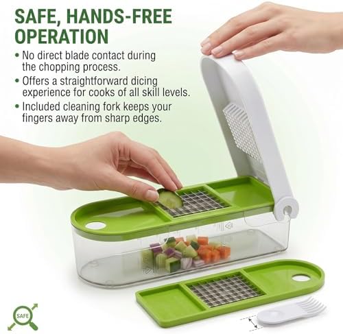 Vegetable Chopper - Manual Veggie Dicer and Food Cutter with 2 Stainless Steel Blades, 2-Cup Storage Container, Cleaning Tool - Onion Slicer, Fruit Salad Maker, Dishwasher Safe